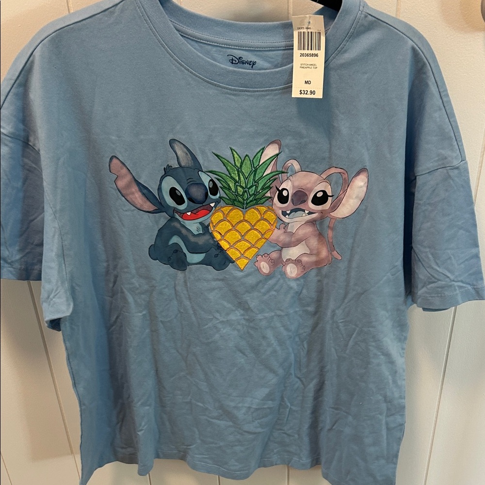 Disney Blue T-Shirt with Stitch and Angel Graphic